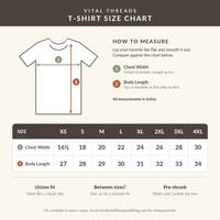 Load image into Gallery viewer, Vital Threads t-shirt size chart: chest width and body length in inches for sizes XS through 4XL, with how-to-measure diagram.
