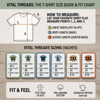 Load image into Gallery viewer, Vital Threads t-shirt size chart with chest width, body length and sleeve length by size.
