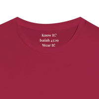 Load image into Gallery viewer, Close-up of the hidden collar message inside the Cardinal red Waymaker shirt, reading Know It, Isaiah 43:19, Wear It.