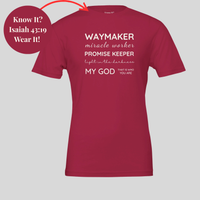 Load image into Gallery viewer, Cardinal Waymaker, Promise Keeper shirt, flat front view showing the Waymaker Miracle Worker Promise Keeper graphic, with a close-up inset of the hidden collar message.
