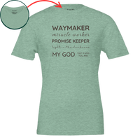 Load image into Gallery viewer, Heather Mint Waymaker, Promise Keeper shirt, flat front view showing the Waymaker Miracle Worker Promise Keeper graphic, with a close-up inset of the hidden collar message.
