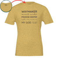Load image into Gallery viewer, Heather Yellow Gold Waymaker, Promise Keeper shirt, flat front view showing the Waymaker Miracle Worker Promise Keeper graphic, with a close-up inset of the hidden collar message.
