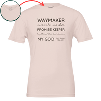 Load image into Gallery viewer, Soft Pink Waymaker, Promise Keeper shirt, flat front view showing the Waymaker Miracle Worker Promise Keeper graphic, with a close-up inset of the hidden collar message.
