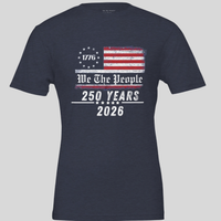 Load image into Gallery viewer, Vital Threads We The People 250 Years Cotton Tshirt in Heather Midnight Navy, front view.