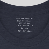 Load image into Gallery viewer, Inner collar detail of the Vital Threads We The People 250 Years Cotton Tshirt in Midnight Navy.
