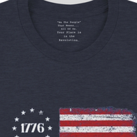 Load image into Gallery viewer, Inner collar detail of the We The People 250 Years shirt in Heather Midnight Navy.
