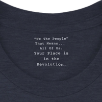 Load image into Gallery viewer, Inner collar detail of the We The People 250 Years shirt in Heather Midnight Navy.
