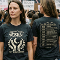 Load image into Gallery viewer, Side-by-side lifestyle photography of a modern advocate at a women's rights rally wearing a dark premium luxury graphic tee featuring a vintage celestial front design and a detailed historical timeline of bodily autonomy on the back.